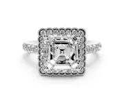 Asscher Cut Diamond Milgrain Floral Halo Engagement Ring Set in Silver with Pavé Band