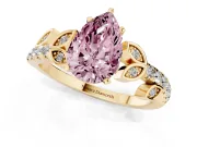 Fancy Pink Pear Cut Diamond Solitaire Leaf-Inspired Ring Set in Yellow gold with Pavé Band and Prong Setting