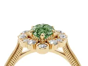 Fancy Green Marquise Cut Diamond Halo Milgrain Pavé Ring Set in Yellow gold with Prong Setting