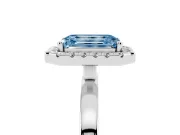 Fancy Blue Emerald Cut Diamond Halo Solitaire Ring Set in Silver with Pavé Band and Prong Setting