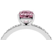 Fancy Pink Emerald Cut Diamond Solitaire Set in Platinum with Round Pavé Band and Prong Setting