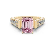 Fancy Pink Emerald Cut Diamond Classic Solitaire Ring Set in Yellow gold with Pavé Band and Prong Setting