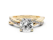 Cushion Cut Diamond Twist Band Solitaire Set in Yellow gold with Pavé Accents and Prong Setting