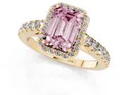 Fancy Pink Emerald Cut Diamond Halo Engagement Ring Set in Yellow gold with Pavé Band and Prong Setting