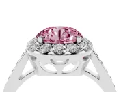 Fancy Pink Round Cut Diamond Floral Halo Ring Set in White gold with Pavé Band and Prong Setting