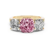 Cushion Cut Three Stone Engagement Ring Setting for a Fancy Pink Lab-Grown Diamond | Basket Prong Heads | Yellow Gold