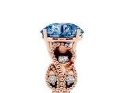 Fancy Blue Round Cut Diamond Milgrain Leaf Band Solitaire Ring Set in Rose gold with Accent Stones and Prong Setting