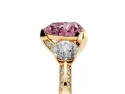 Heart-Shaped Hidden Halo Three Stone Engagement Ring Setting for a Fancy Pink Lab-Grown Diamond | Yellow Gold