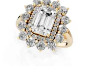 Emerald Cut Floral Double Halo Engagement Ring Setting | Plain Band | Yellow Gold