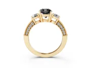 Fancy Black Cushion Cut Diamond Three-Stone Ring Set in Yellow gold with Round Side Stones and Pavé Band