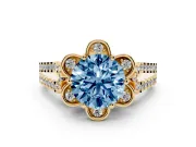 Round Floral Halo Engagement Ring Setting for a Fancy Blue Lab-Grown Diamond | Pavé Split Shank | Yellow Gold