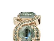 Radiant Cut Three Stone Halo Engagement Ring Setting for a Fancy Green Lab-Grown Diamond | Pavé Wave Band | Yellow Gold