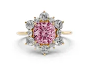 Cushion Cut Cluster Halo Engagement Ring Setting for a Fancy Pink Lab-Grown Diamond | Yellow Gold