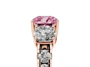 Fancy Pink Cushion Cut Diamond Three-Stone Ring Set in Rose gold with Pavé Band
