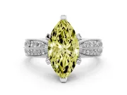 Fancy Yellow Marquise Cut Diamond Solitaire Ring Set in Silver with Milgrain Double Row Round Pavé Band