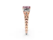 Fancy Pink Emerald Cut Diamond Three-Stone Ring Set in Rose gold with Braided Band