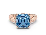 Fancy Blue Asscher Cut Diamond Filigree Halo Engagement Ring Set in Rose gold with Prong Setting