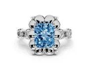 Fancy Blue Radiant Cut Diamond Floral Halo Ring Set in Platinum with Shared Prong Band