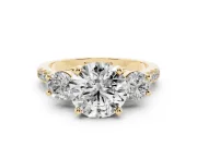 Round Three-Stone Pavé Engagement Ring Setting | Round Side Stones | Yellow Gold