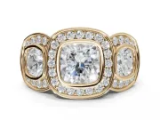 Cushion Cut Three Stone Halo Engagement Ring Setting | Bezel Set | Yellow Gold