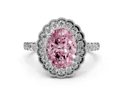 Fancy Pink Oval Cut Diamond Milgrain Floral Halo Engagement Ring Set in White gold with Pavé Band