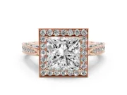 Princess Cut Vintage Milgrain Halo Engagement Ring Setting | Side Stones and Pave | Rose Gold