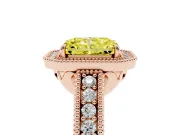 Fancy Yellow Radiant Cut Diamond Halo Ring Set in Rose gold with Round Accent Halo, Pavé Band and Prong Setting