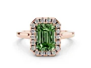 Fancy Green Emerald Cut Halo Round Diamond Solitaire Ring Set in Rose gold with Pavé Band and Prong Setting