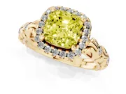 Cushion Cut Leaf Halo Engagement Ring Setting for a Fancy Yellow Lab-Grown Diamond | Bezel Accents | Yellow Gold