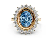 Fancy Blue Oval Cut Diamond Halo Ring Set in Yellow gold with Milgrain Edge and Round Prong Setting