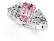 Fancy Pink Emerald Cut Diamond Solitaire Ring Set in Platinum with Cluster Accents on Each Side