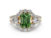 Fancy Green Emerald Cut Diamond Halo Split Shank Engagement Ring Set in Yellow gold with Prong-Held Center Stone