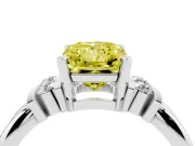 Fancy Yellow Three-Stone Radiant Cut Diamond Channel Set Ring Set in Platinum with Bar Prongs
