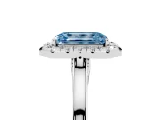 Fancy Blue Emerald Cut Halo Round Diamond Solitaire Ring Set in Silver with Pavé Band and Prong Setting
