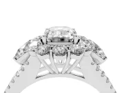 Emerald Cut Diamond Halo Split Shank Engagement Ring Set in White gold with Prong-Held Center Stone