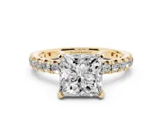 Princess Cut Diamond Pavé Solitaire Ring Set in Yellow gold with Round Band and Prong Setting