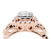 Radiant Cut Diamond Halo Ring Set in Rose gold with Scrollwork Band and Prong Setting
