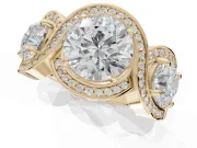 Round Three Stone Halo Engagement Ring Setting | Pavé Wave Band | Yellow Gold