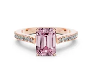 Fancy Pink Emerald Cut Diamond Solitaire Engagement Ring Set in Rose gold with Delicate Pavé Band and Prong Setting