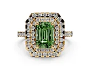Emerald Cut Double Halo Engagement Ring Setting for a Fancy Green Lab-Grown Diamond | Pave Shoulders | Yellow Gold