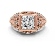 Princess Cut Diamond Bezel Ring Set in Rose gold with Milgrain Accent Band
