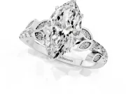 Marquise Cut Diamond Solitaire Leaf-Inspired Ring Set in Platinum with Pavé Band and Prong Setting