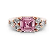 Fancy Pink Asscher Cut Diamond Solitaire Ring Set in Rose gold with Cluster Accents on Each Side