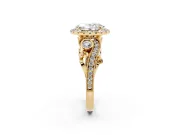 Oval Cut Diamond Halo Ring Set in Yellow gold with Milgrain Pavé Band and Prong Setting