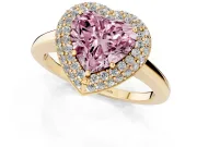 Fancy Pink Heart Cut Diamond Halo Engagement Ring Set in Yellow gold with Solitaire Band and Prong Setting