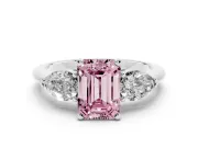 Fancy Pink Three-Stone Emerald Cut Diamond Ring Set in Silver with Pear Side Stones and Prong Setting