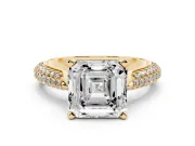 Asscher Cut Pavé Solitaire Engagement Ring Setting | Multi-Row Shoulders | Yellow Gold