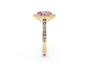 Fancy Pink Oval Cut Diamond Milgrain Floral Halo Engagement Ring Set in Yellow gold with Pavé Band