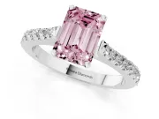 Fancy Pink Emerald Cut Diamond Solitaire Engagement Ring Set in Silver with Delicate Pavé Band and Prong Setting