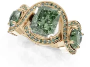 Radiant Cut Three Stone Halo Engagement Ring Setting for a Fancy Green Lab-Grown Diamond | Pavé Wave Band | Yellow Gold